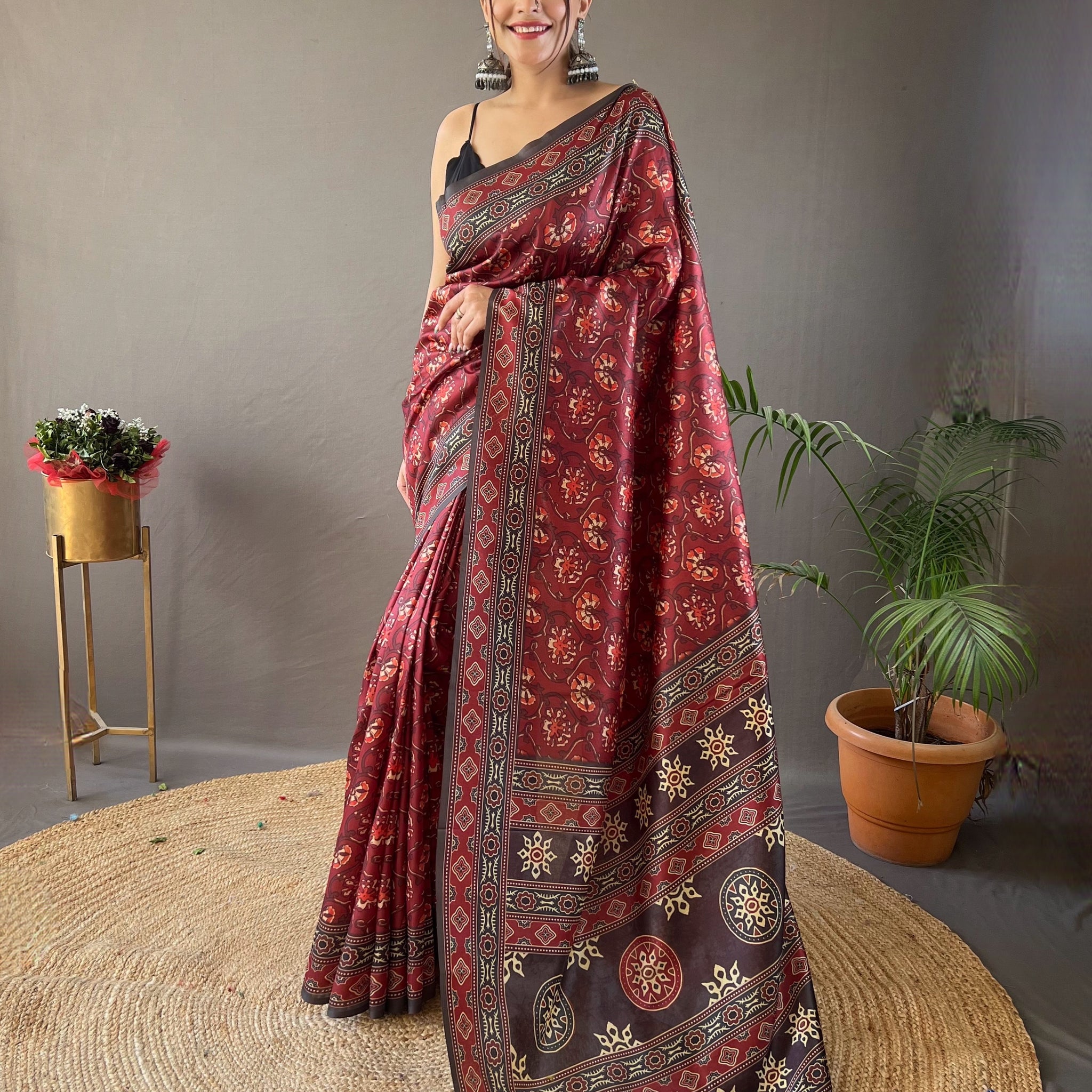 Red Digital Print On Semi Silk Saree