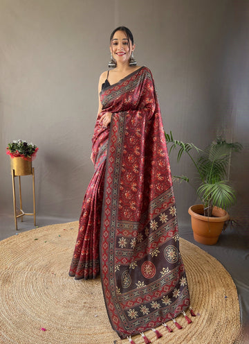 Red Digital Print On Semi Silk Saree