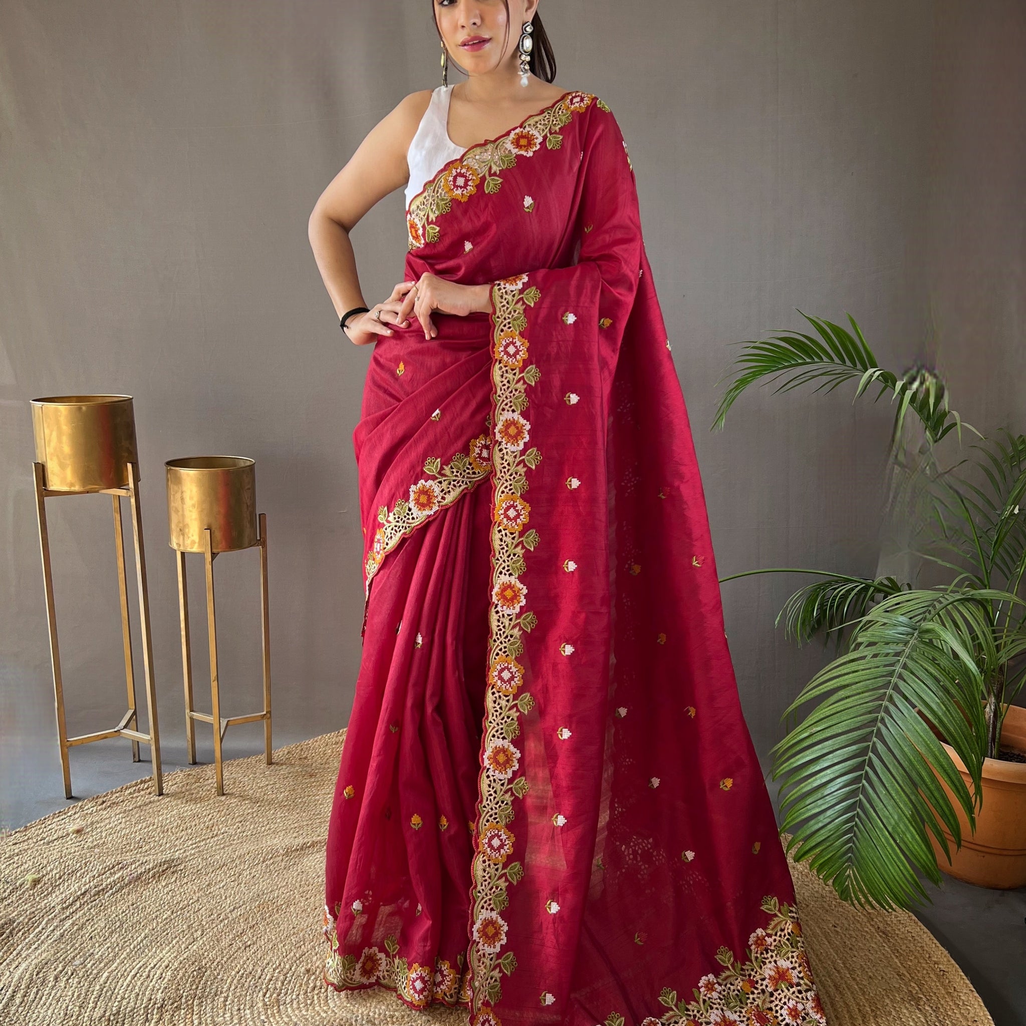 Red Tussar Silk Saree