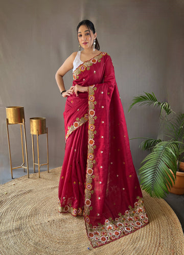 Red Tussar Silk Saree