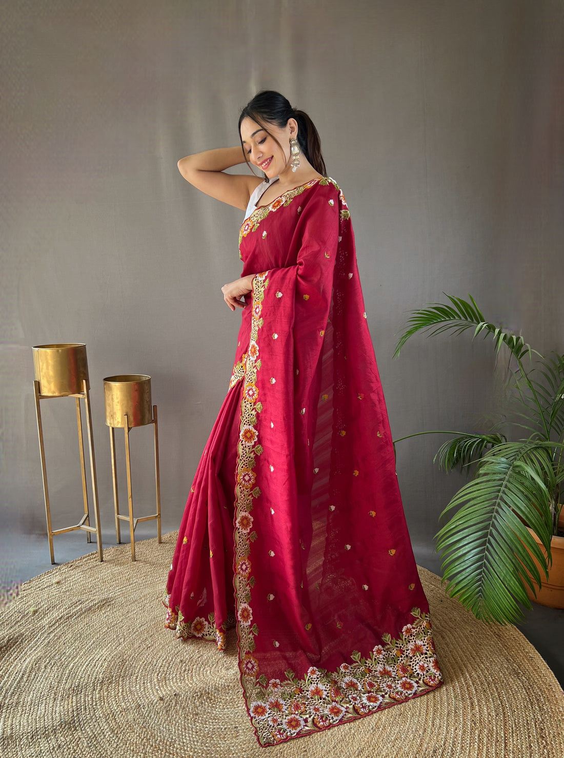 Red Tussar Silk Saree