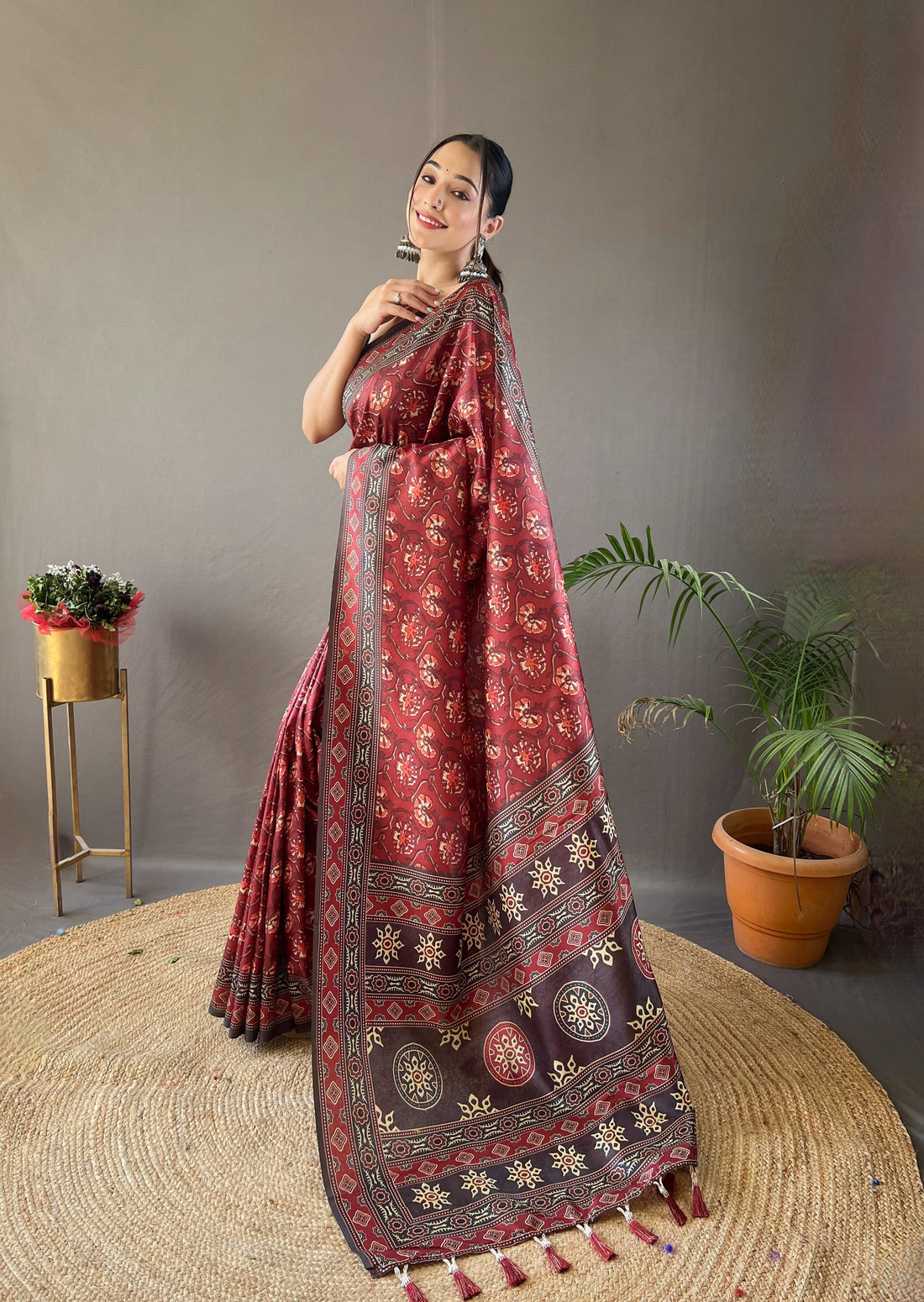 Red Digital Print On Semi Silk Saree