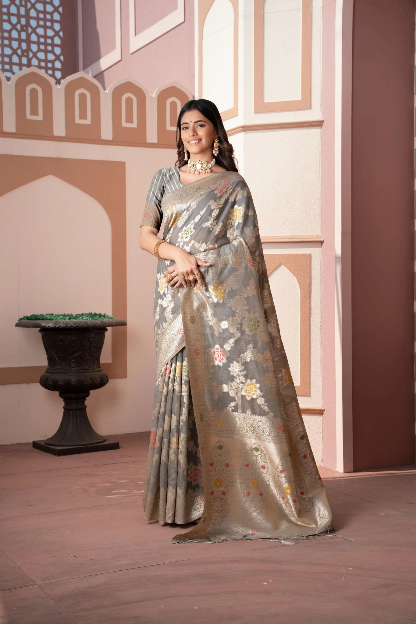 Gray Cotton Silk Saree