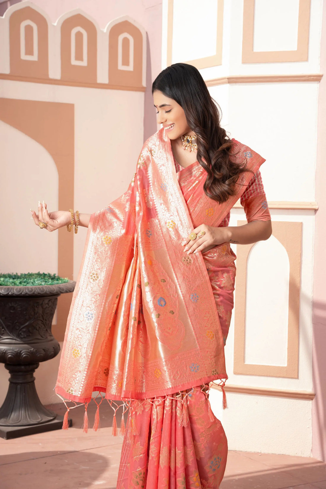 Peach Cotton Silk Saree