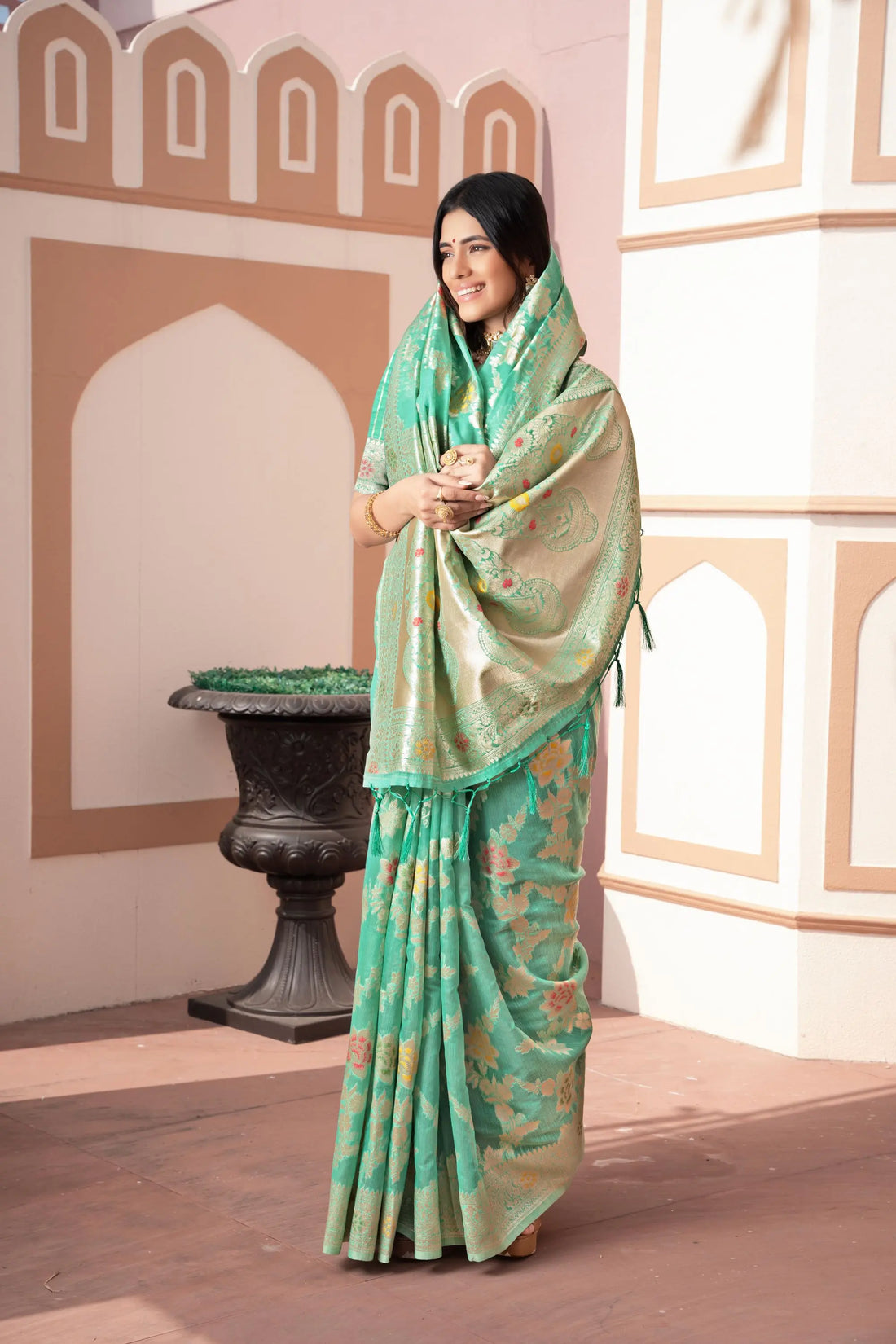 Sea Green Cotton Silk Saree