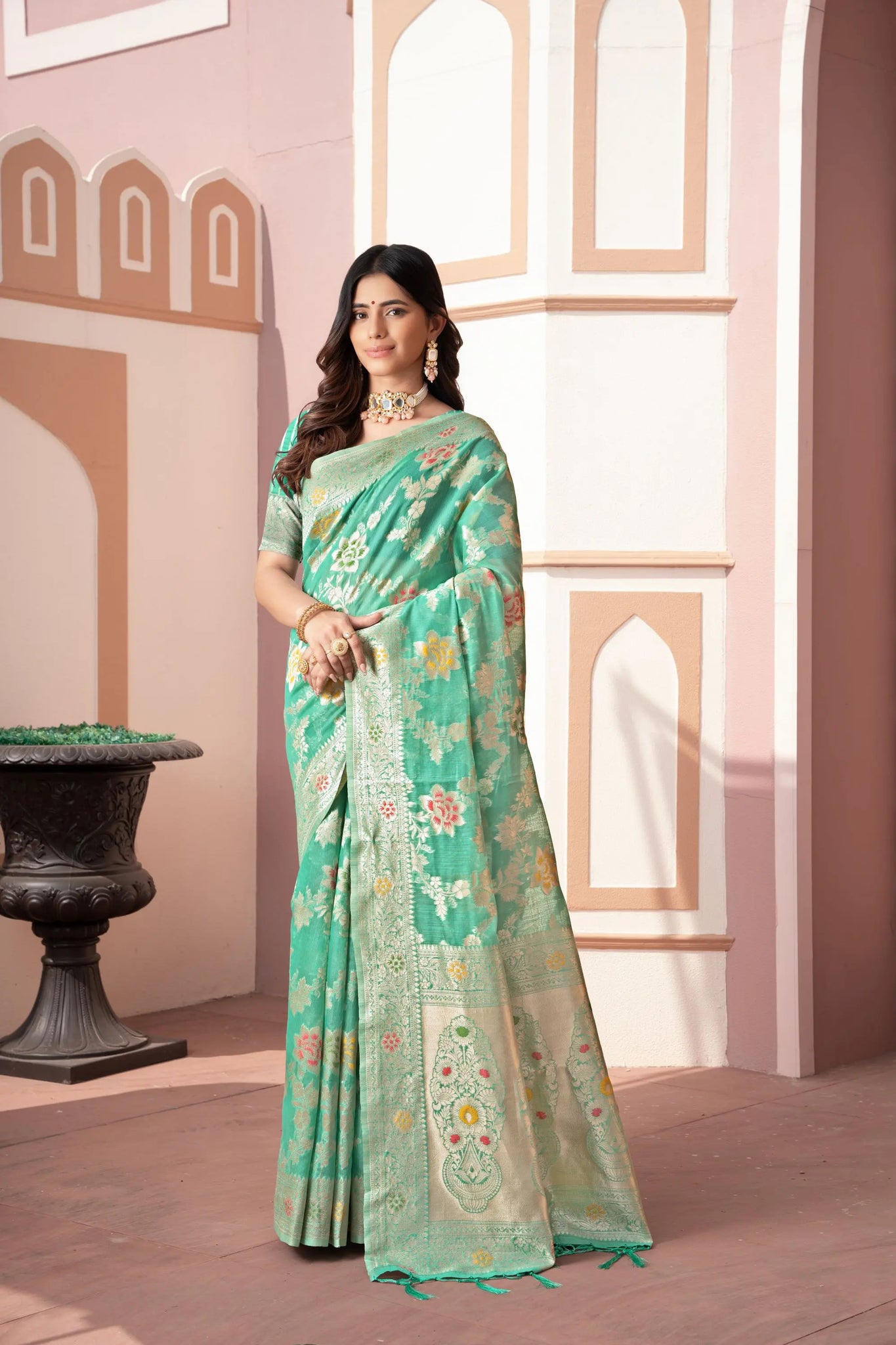 Sea Green Cotton Silk Saree