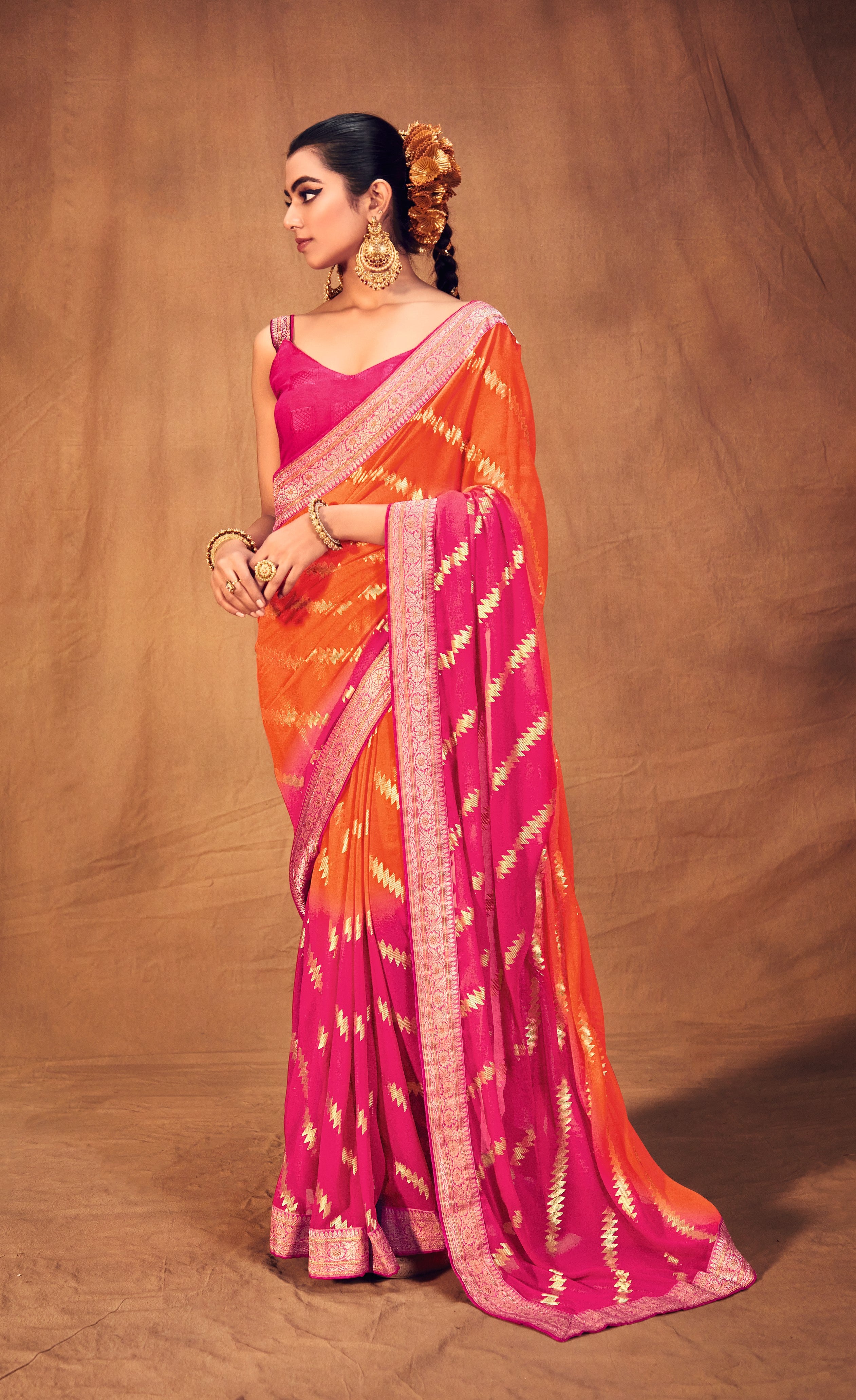 Kanjivaram-Silk Orange/Pink Saree