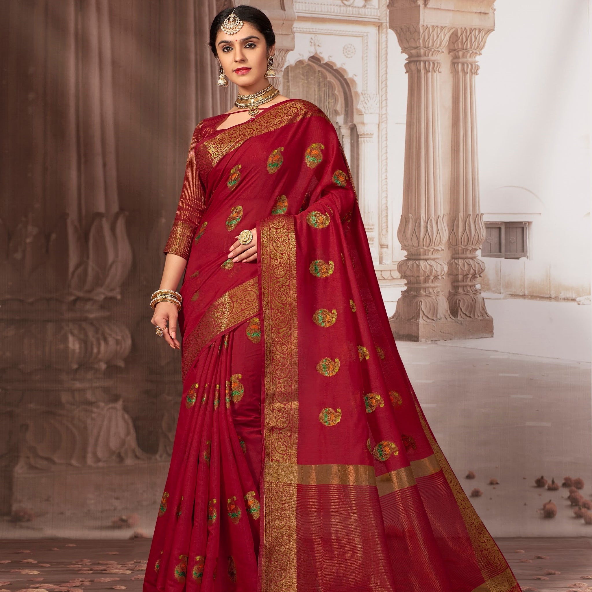 Ishika Fab Red Chanderi Cotton Saree