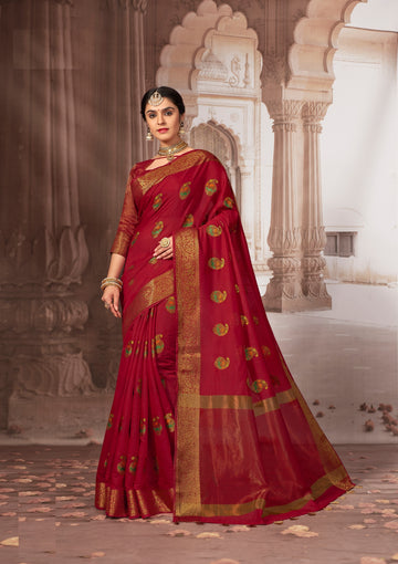 Ishika Fab Red Chanderi Cotton Saree