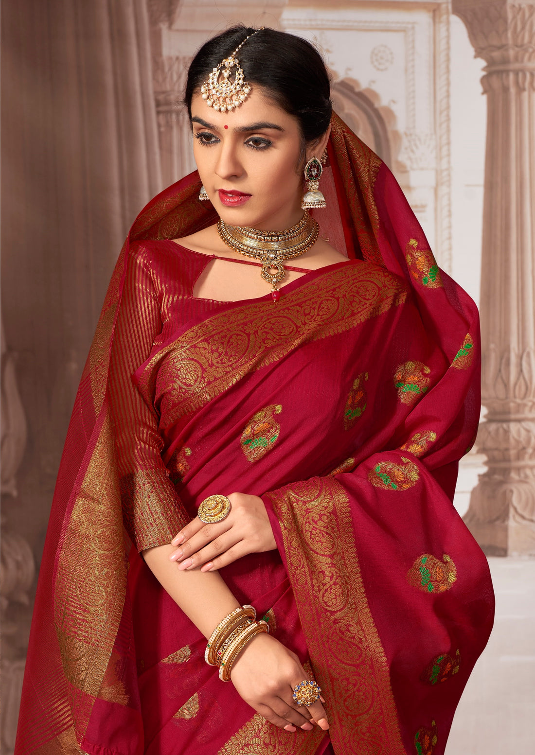 Ishika Fab Red Chanderi Cotton Saree