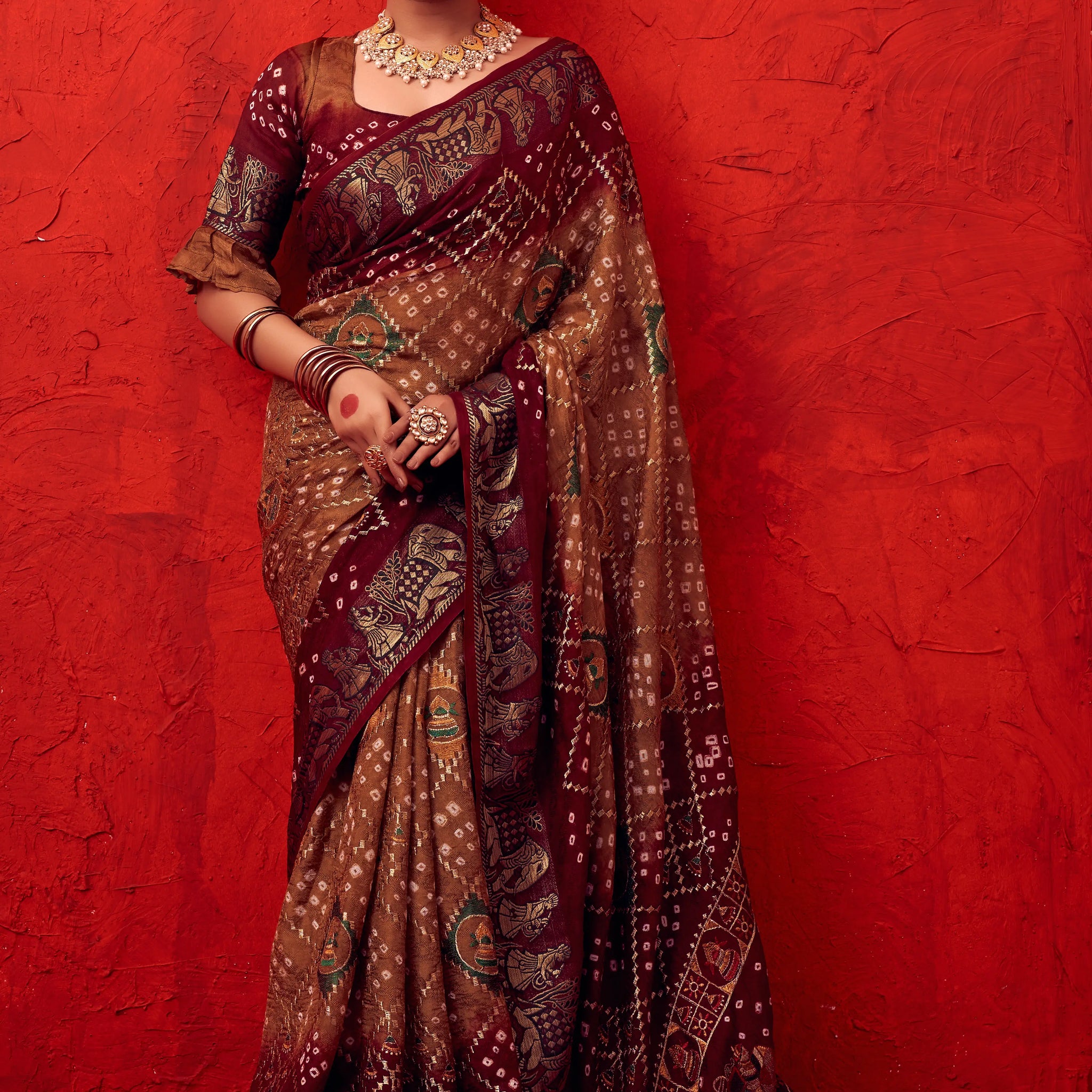 Maroon Bandhani Art Silk Saree