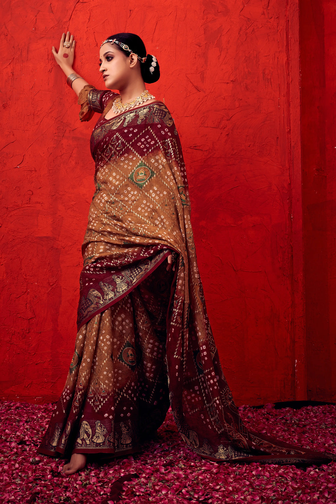 Maroon Bandhani Art Silk Saree