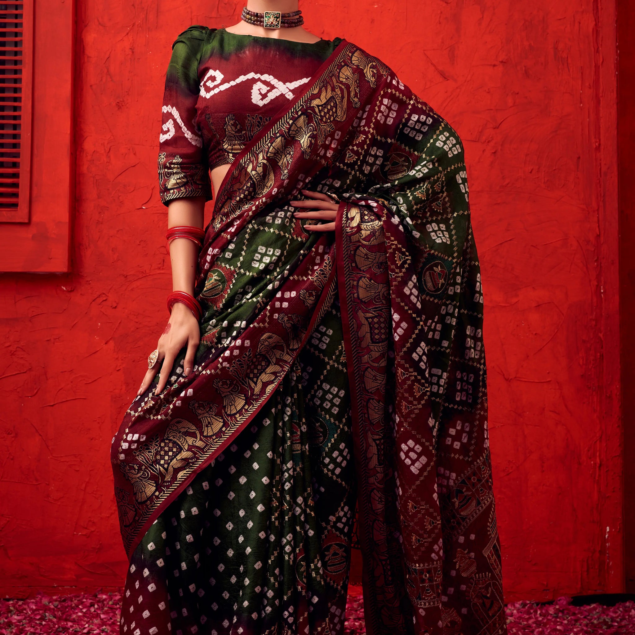 Green Bandhani Art Silk Saree