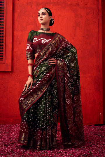 Green Bandhani Art Silk Saree