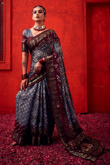 Gray Bandhani Art Silk Saree