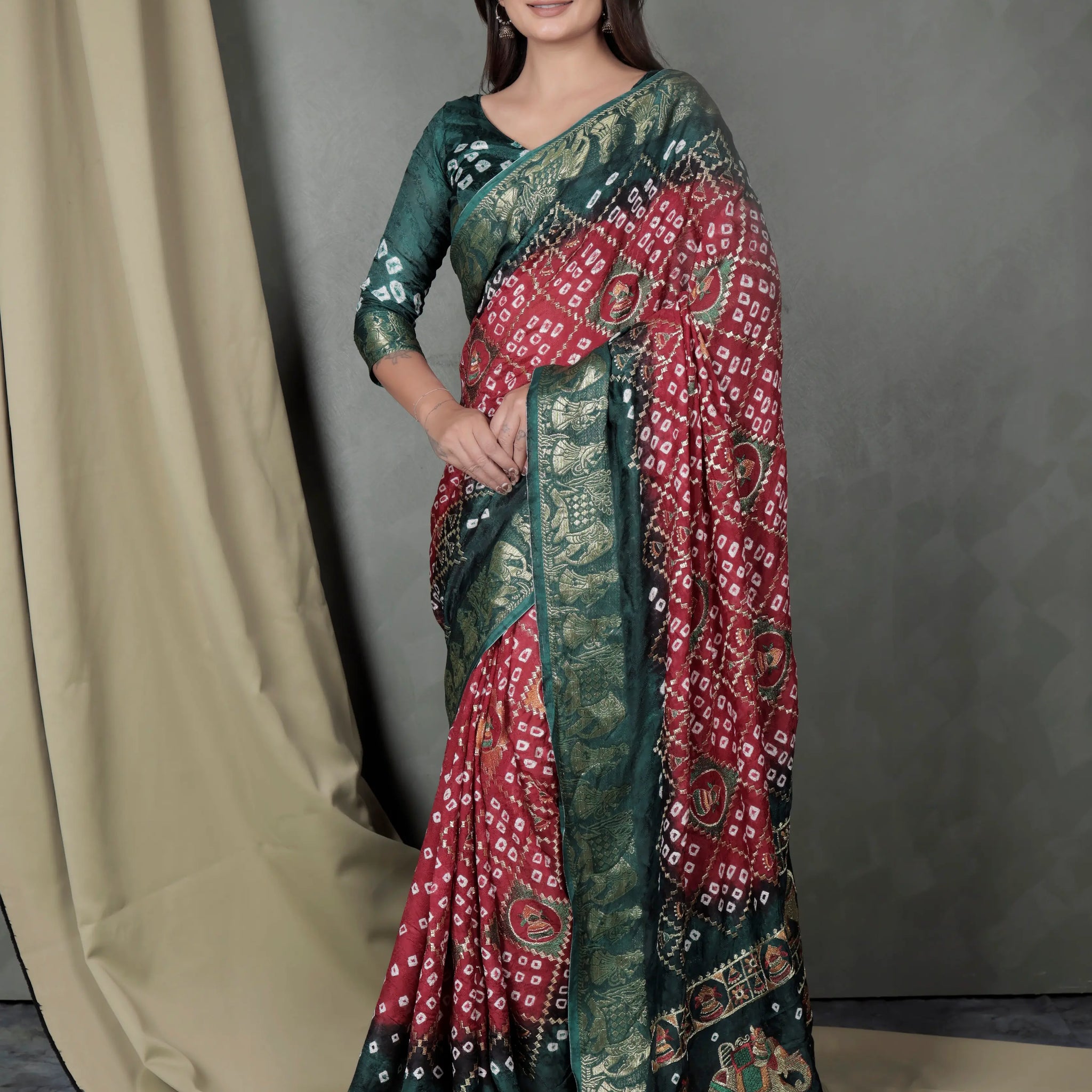 Red Bandhani Art Silk Saree