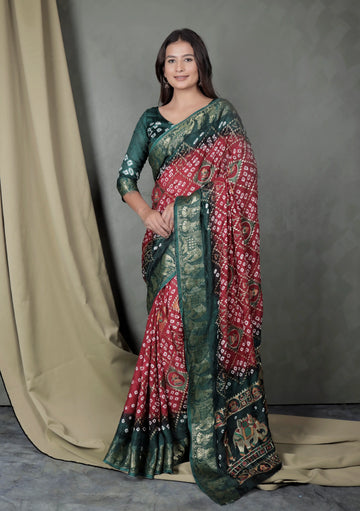 Red Bandhani Art Silk Saree