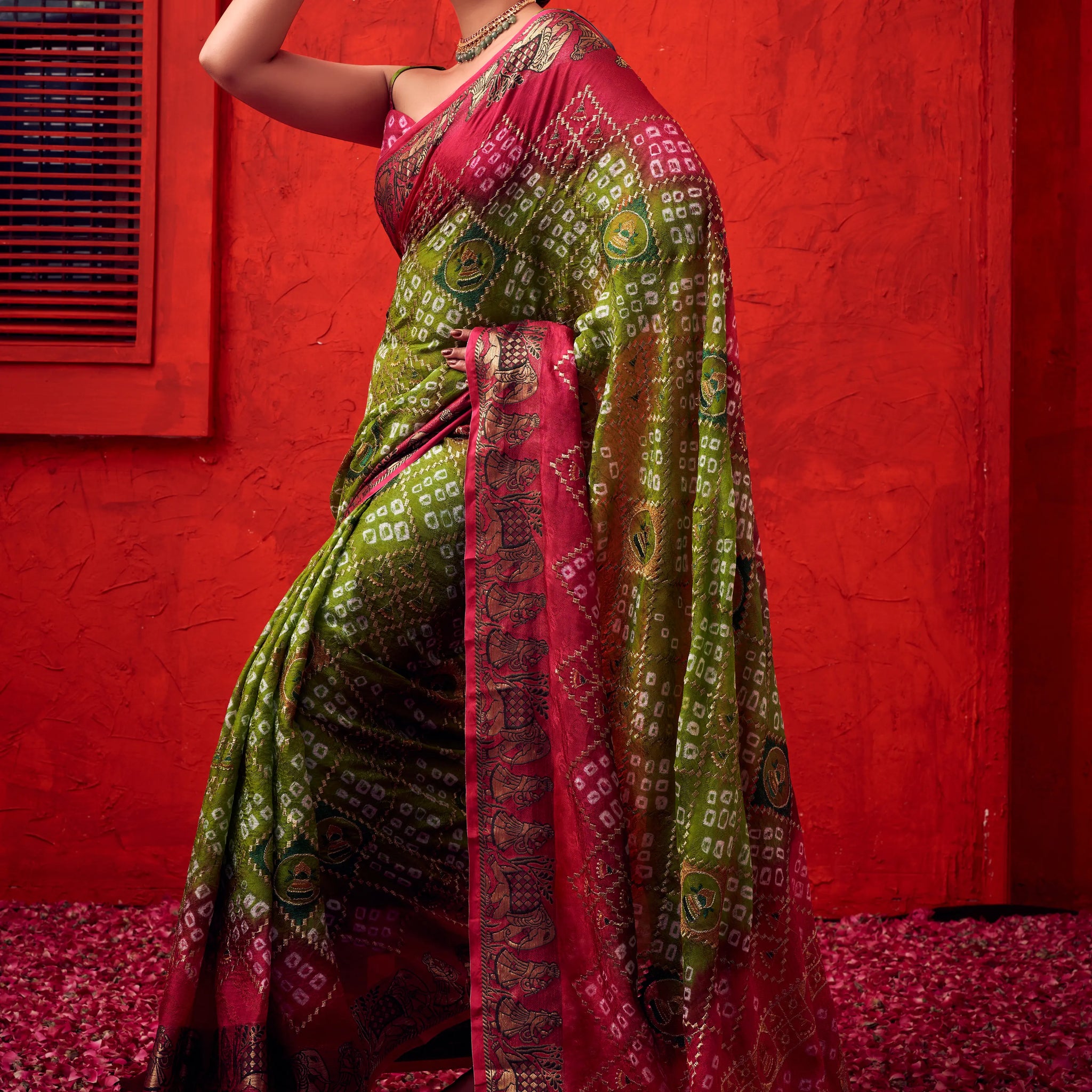 Green Bandhani Art Silk Saree