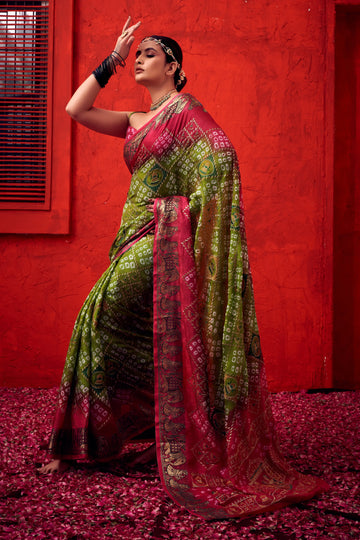 Green Bandhani Art Silk Saree