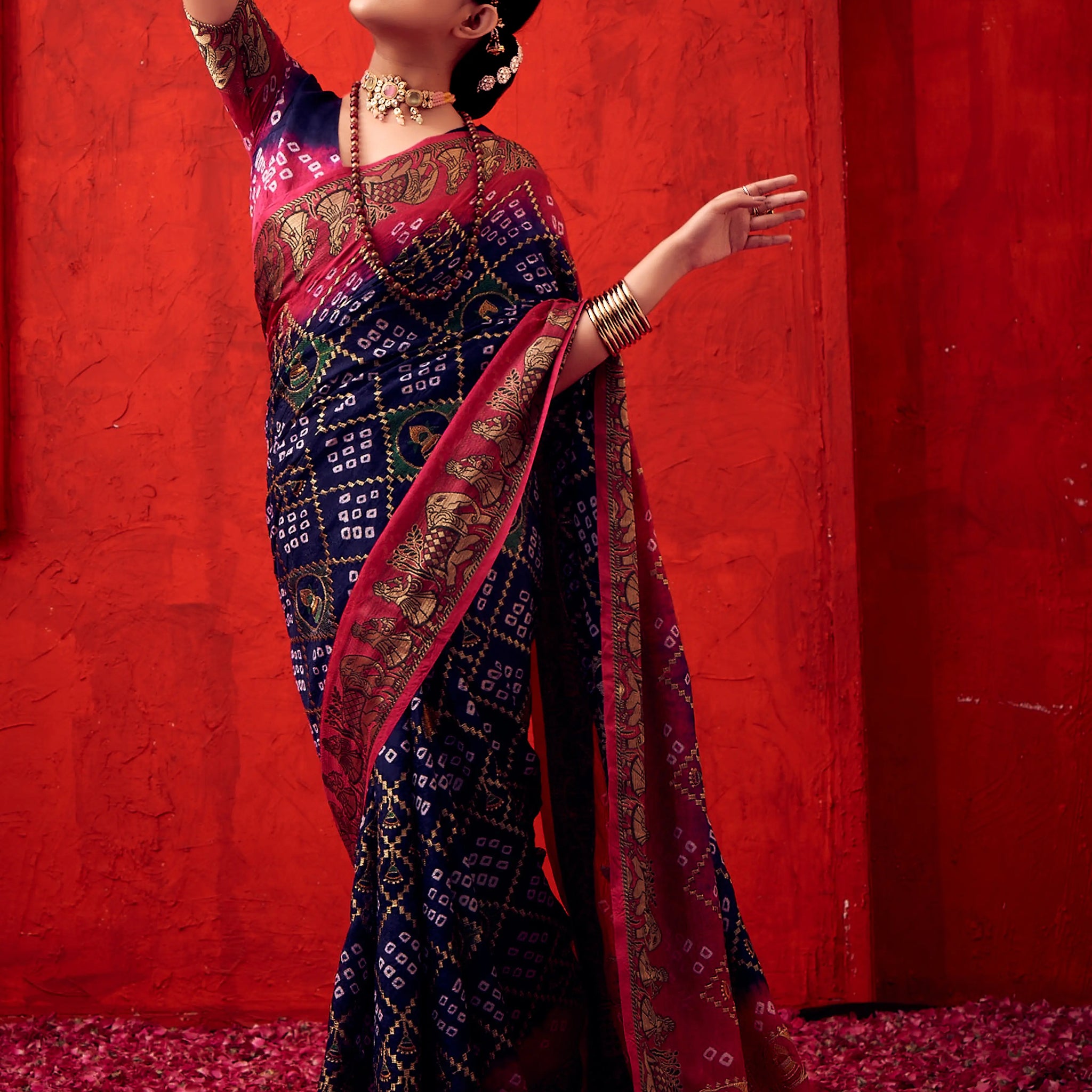 Navy Blue Bandhani Art Silk Saree