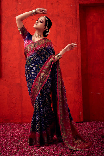 Navy Blue Bandhani Art Silk Saree