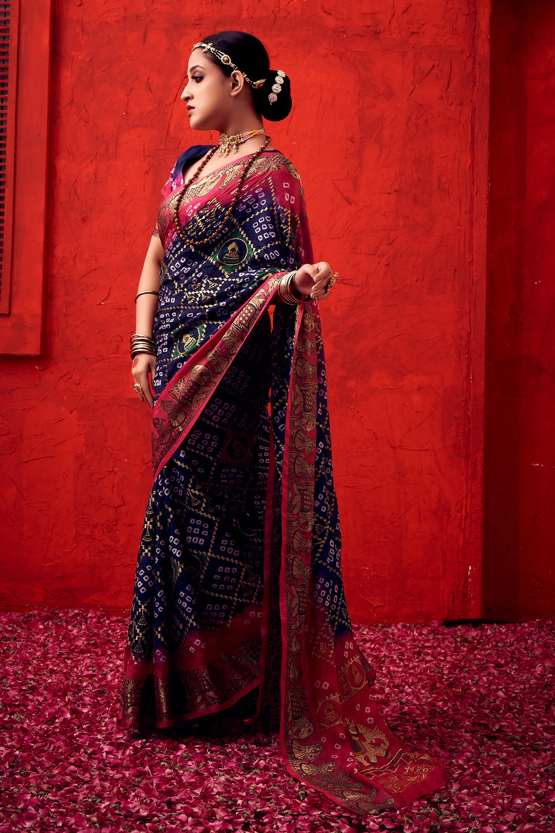 Navy Blue Bandhani Art Silk Saree