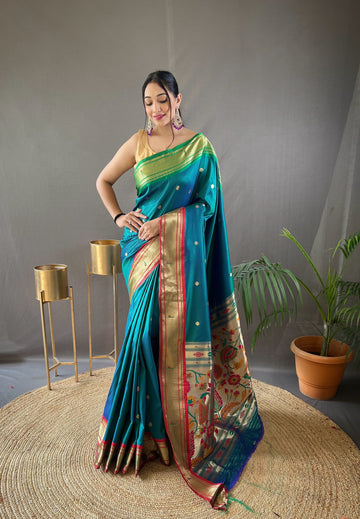 Cyan Blue Paithani Silk Saree