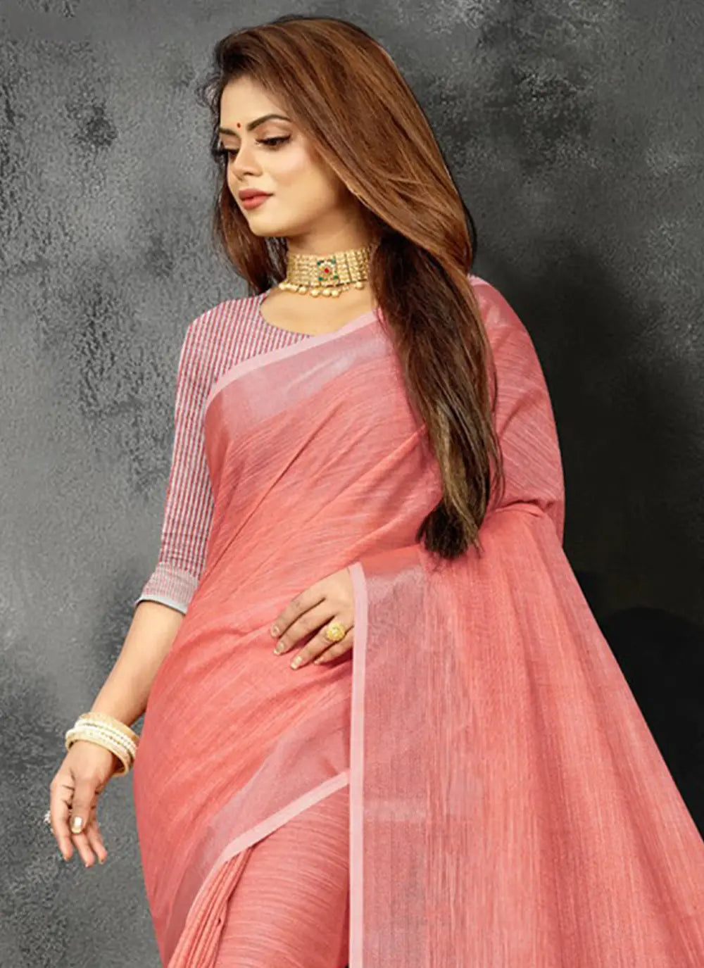 Peach Linen Saree