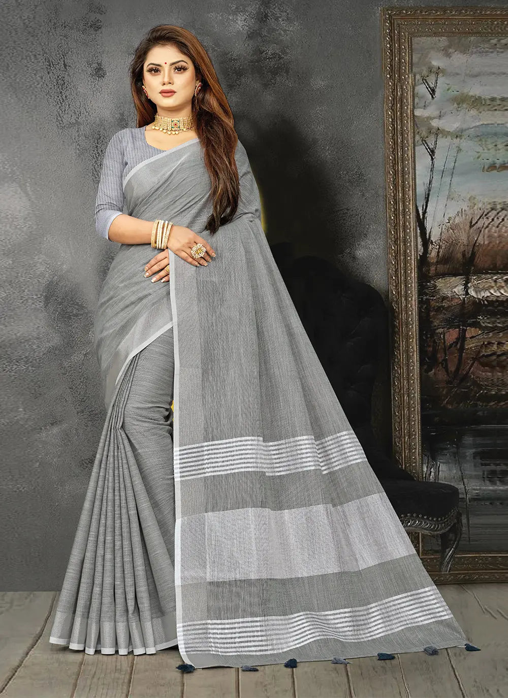 Gray Linen Saree