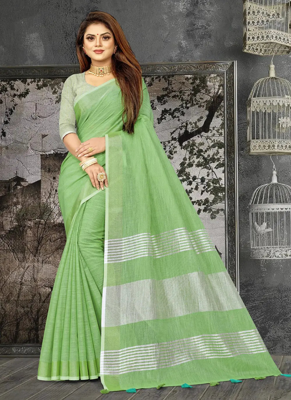 Sea Green Linen Saree