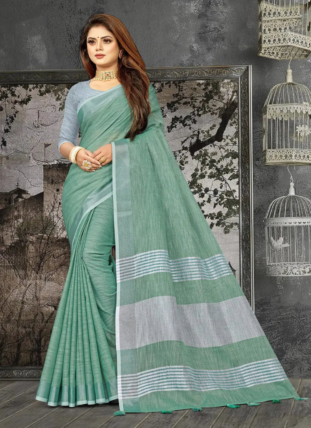 Turquois Blue Linen Saree