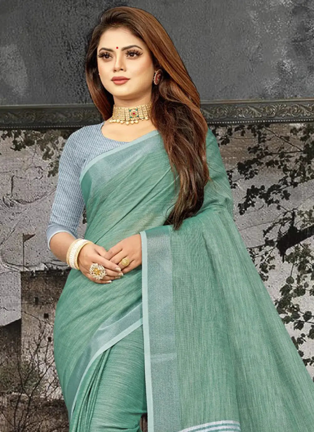 Turquois Blue Linen Saree