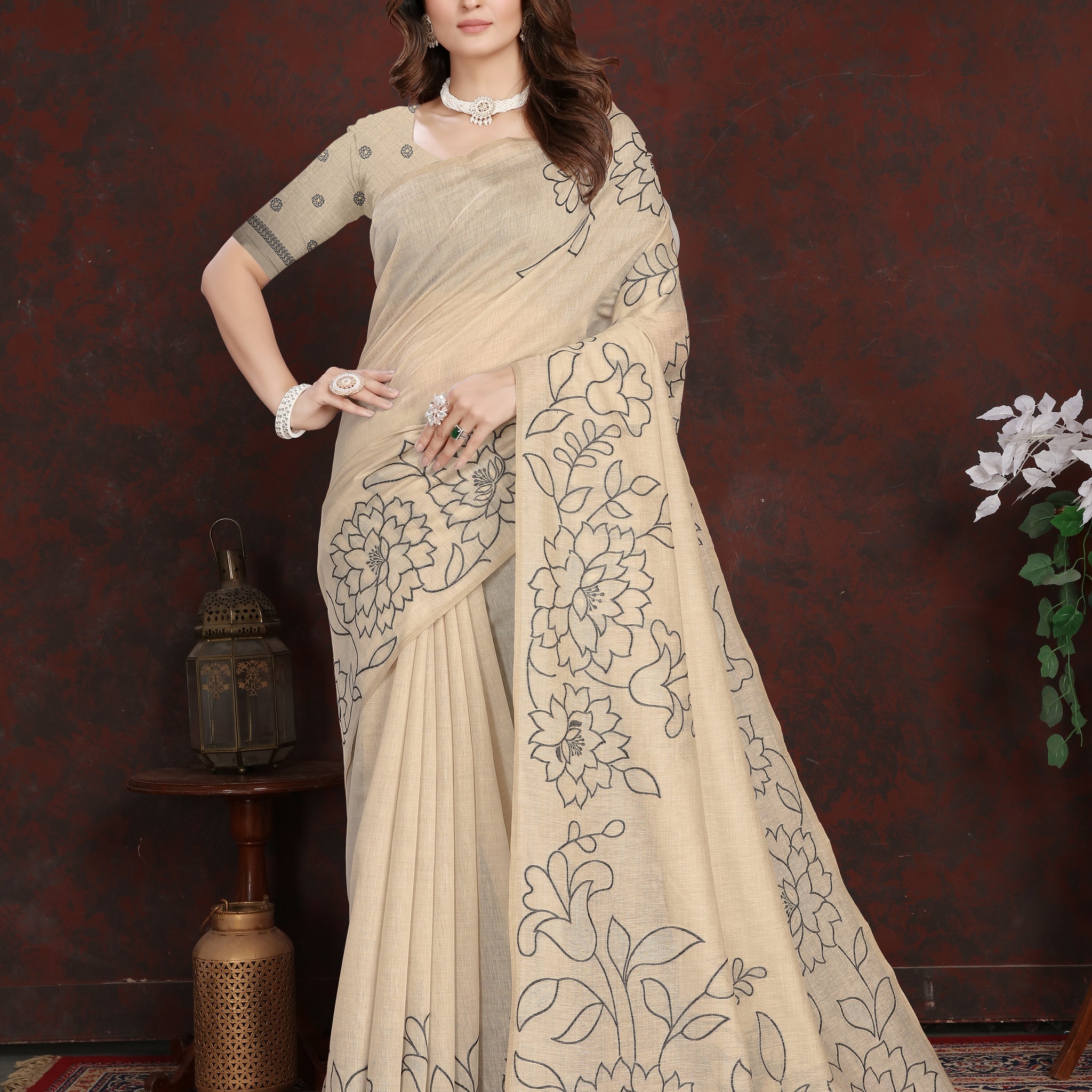 Cream Mulmul Cotton Saree