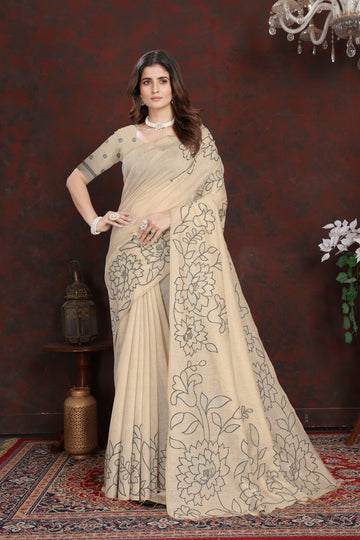 Cream Mulmul Cotton Saree