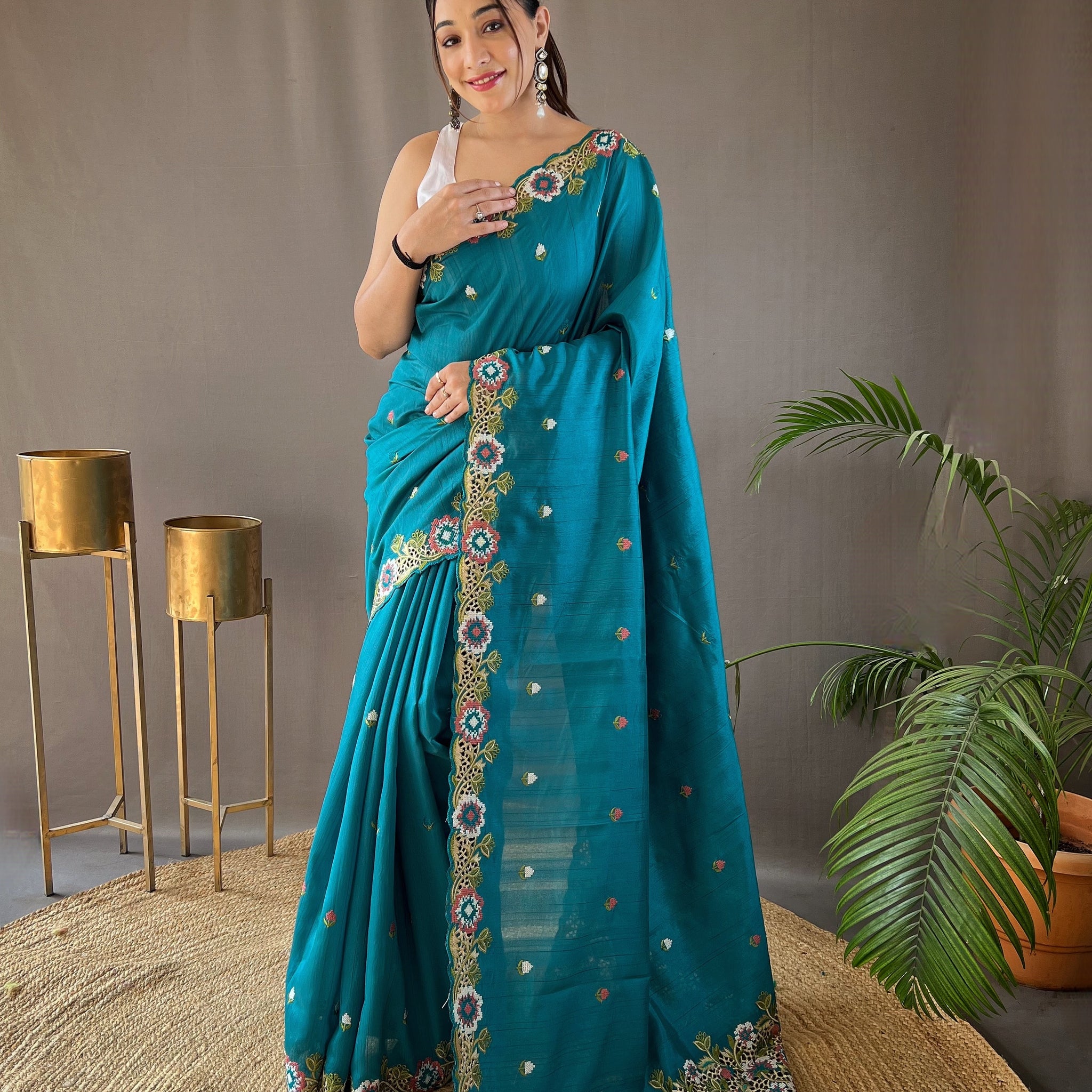 Cyan Blue Tussar Silk Saree