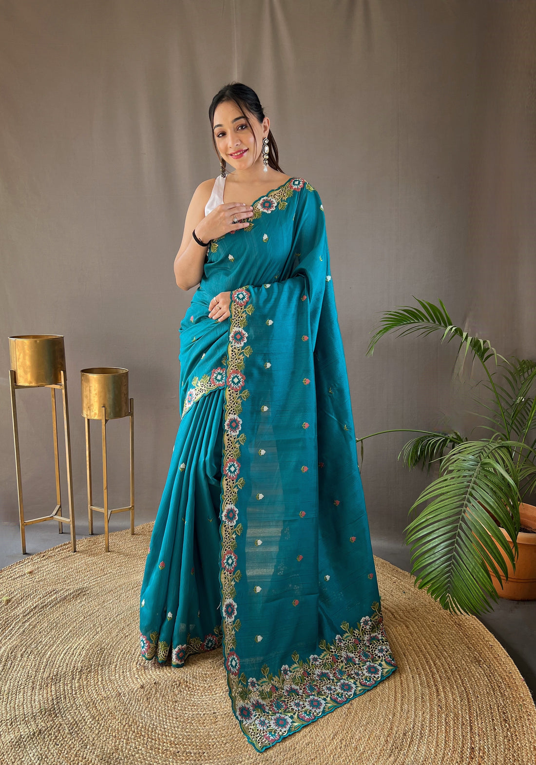 Cyan Blue Tussar Silk Saree