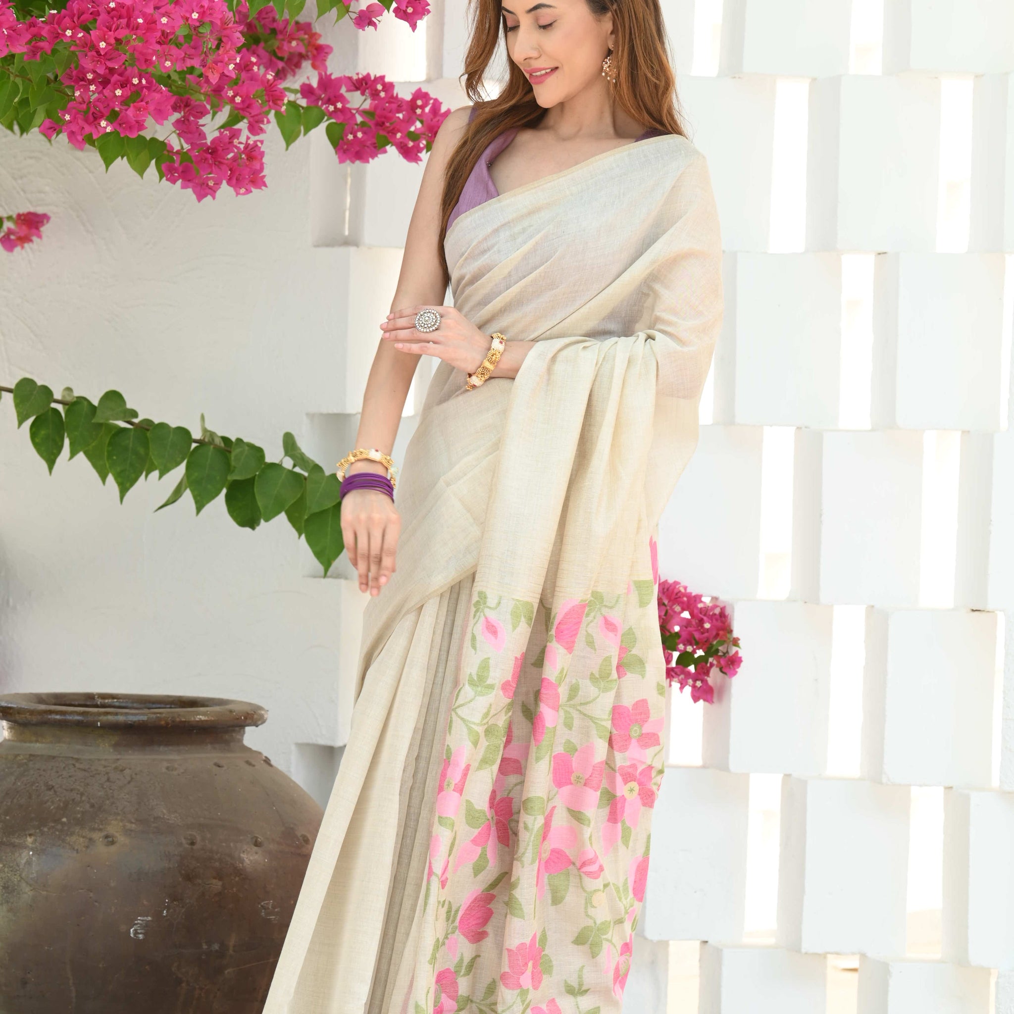 Off White Mulmul Cotton Saree