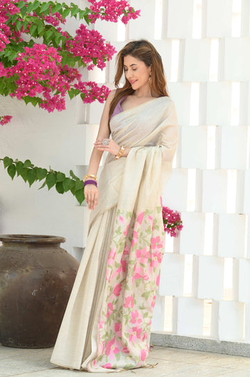 Off White Mulmul Cotton Saree