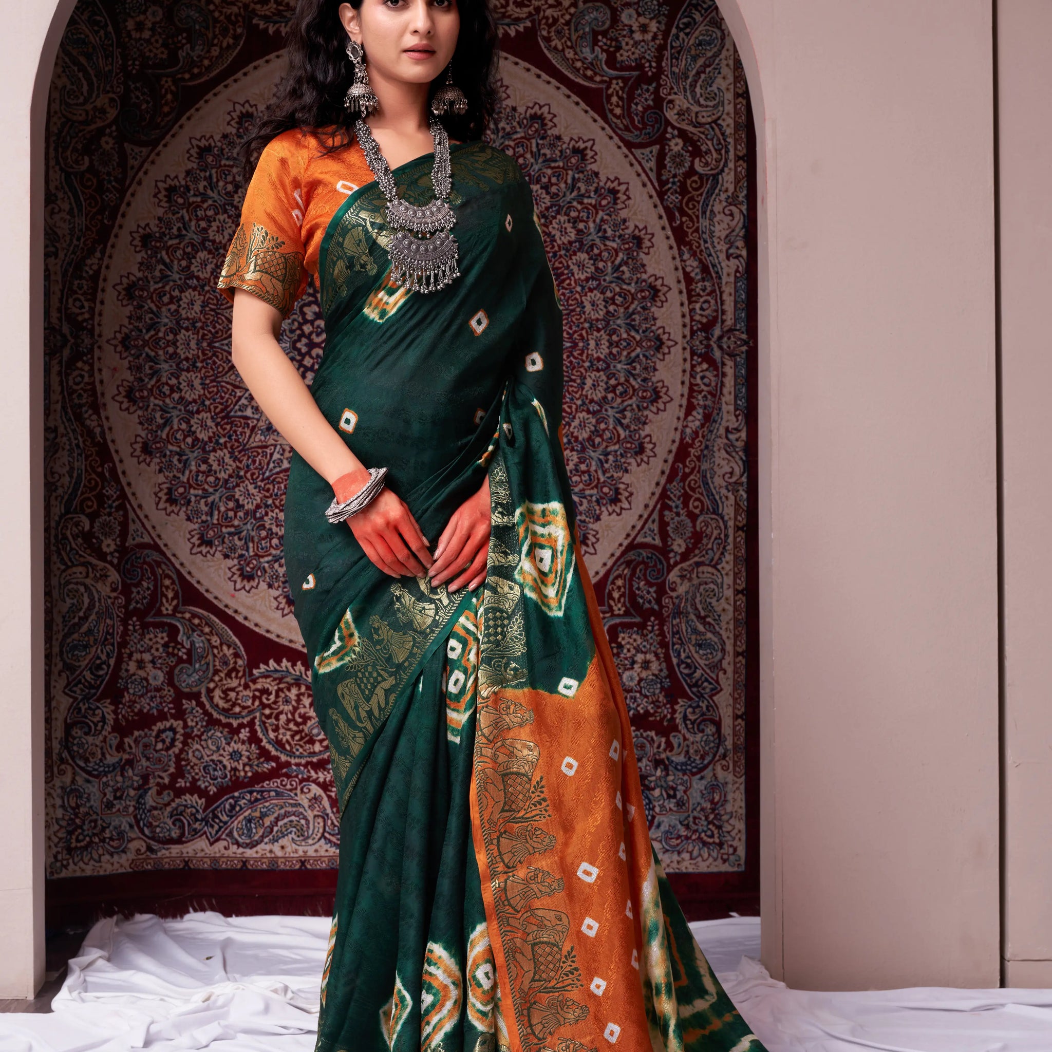 Dark Green & Orange Viscose Art Silk Saree