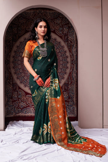 Dark Green & Orange Viscose Art Silk Saree