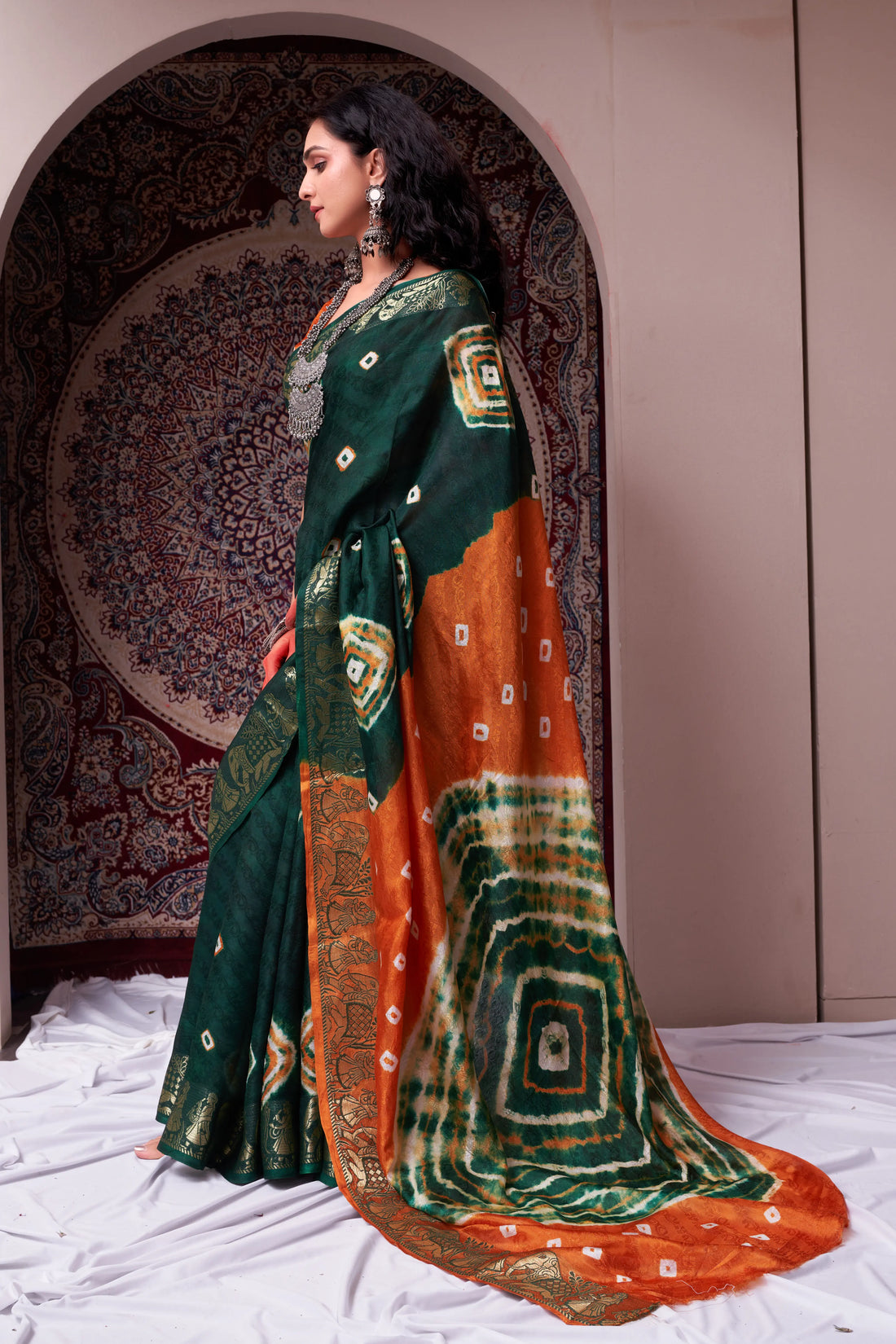 Dark Green & Orange Viscose Art Silk Saree