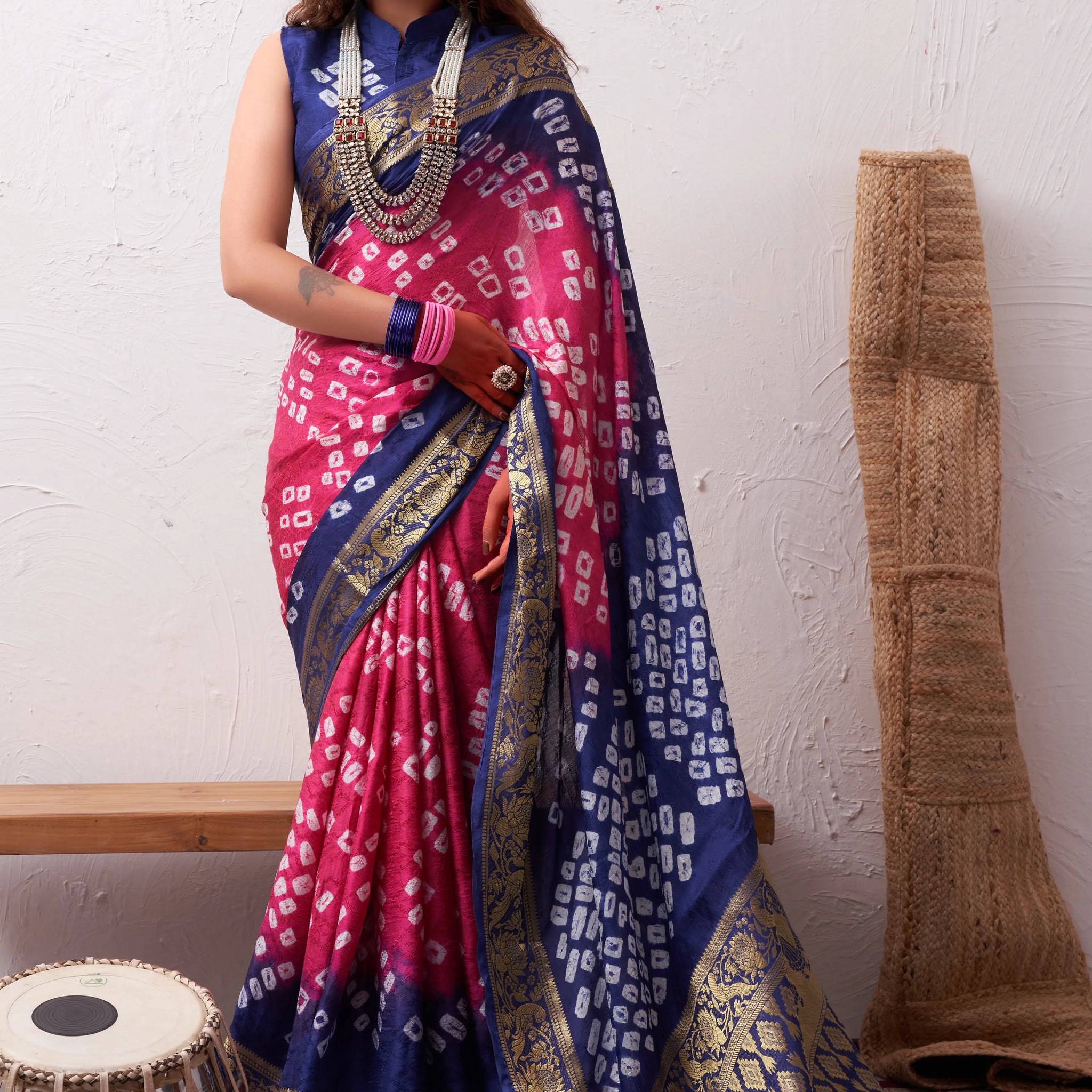 Pink Bandhani Silk Saree