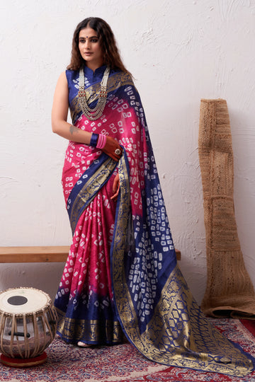 Pink Bandhani Silk Saree