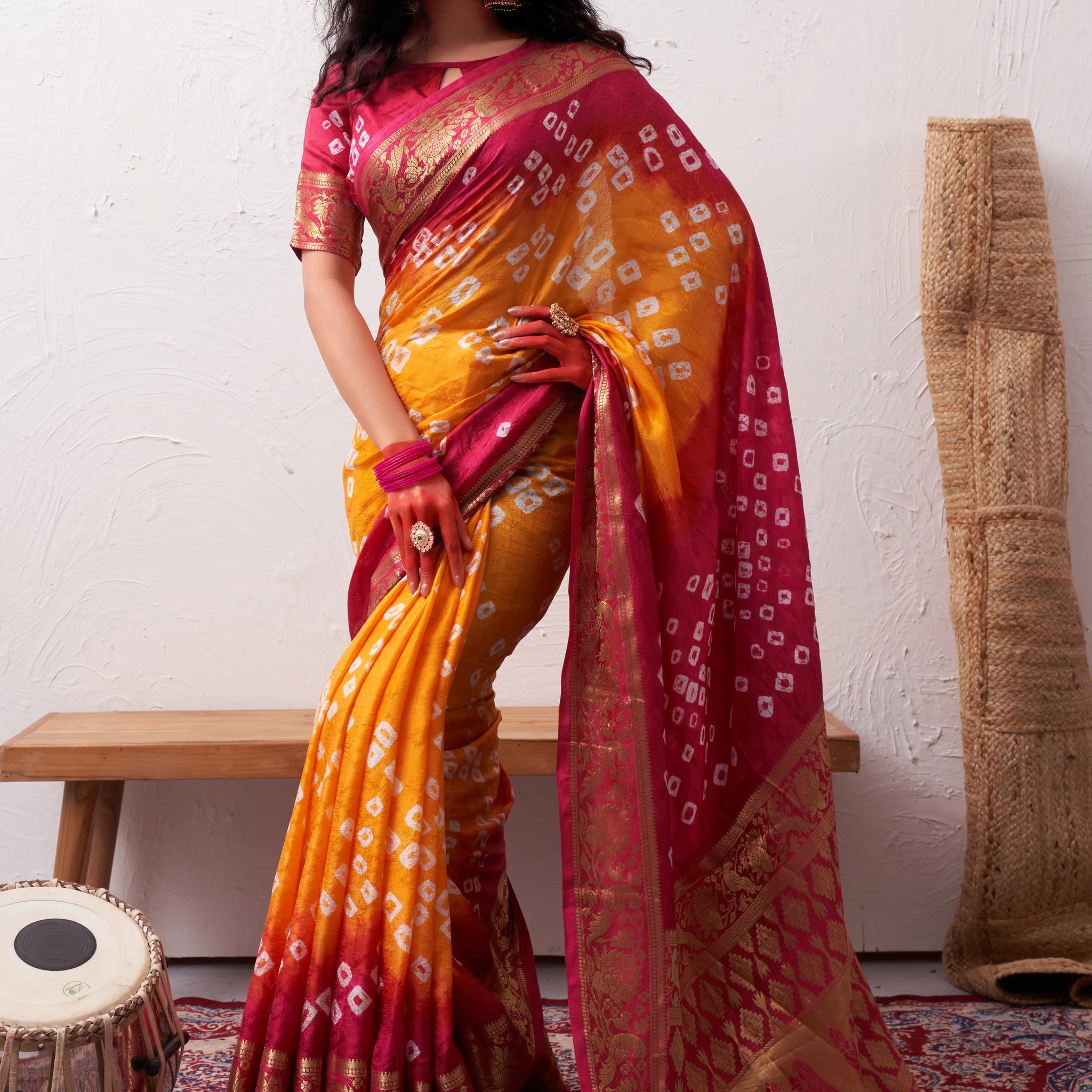 Yellow Bandhani Silk Saree