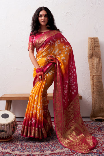 Yellow Bandhani Silk Saree