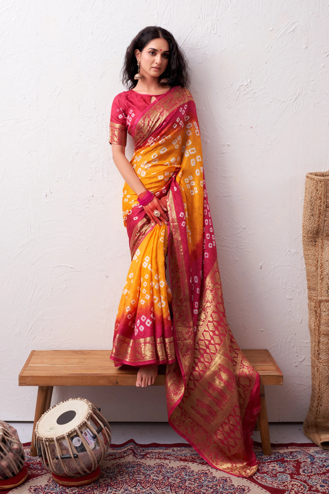 Yellow Bandhani Silk Saree