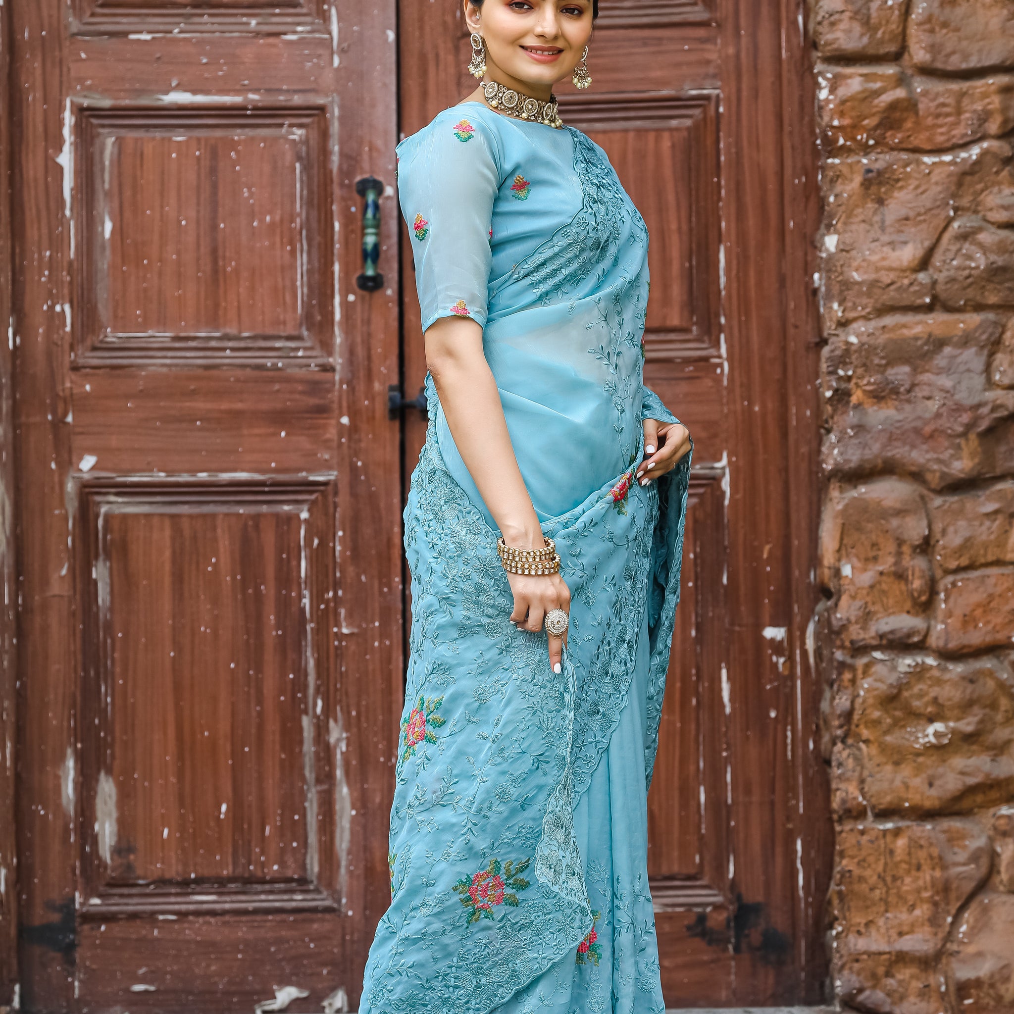 Sky Blue Chiffon Saree