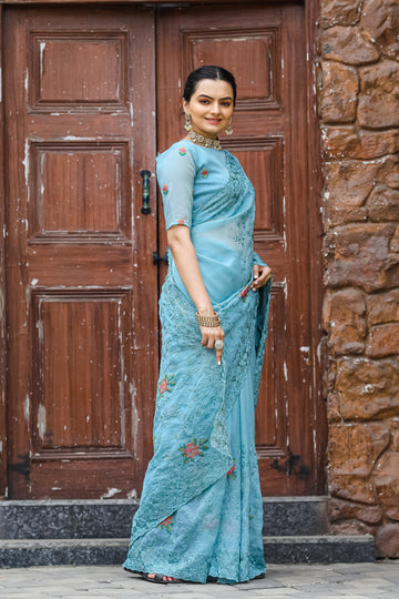 Sky Blue Chiffon Saree