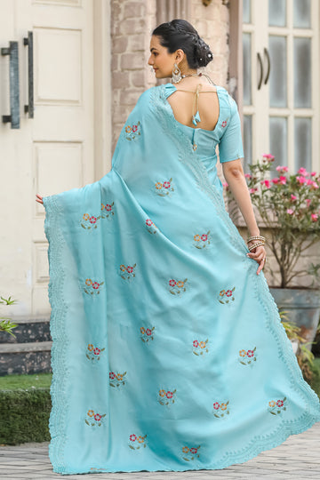 Sky Blue Tussar Silk Cotton Saree