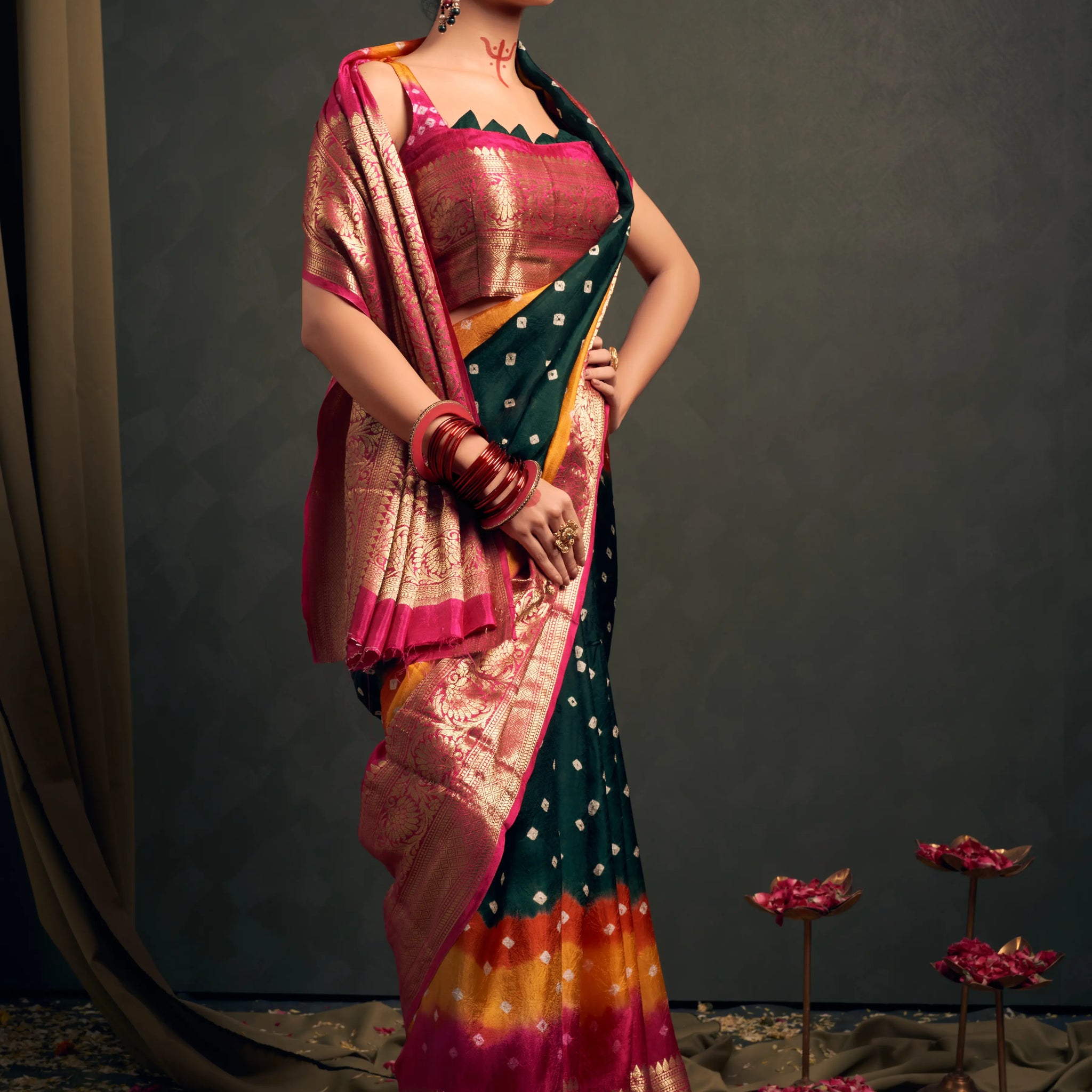 Green & Pink Bandhani Silk Saree